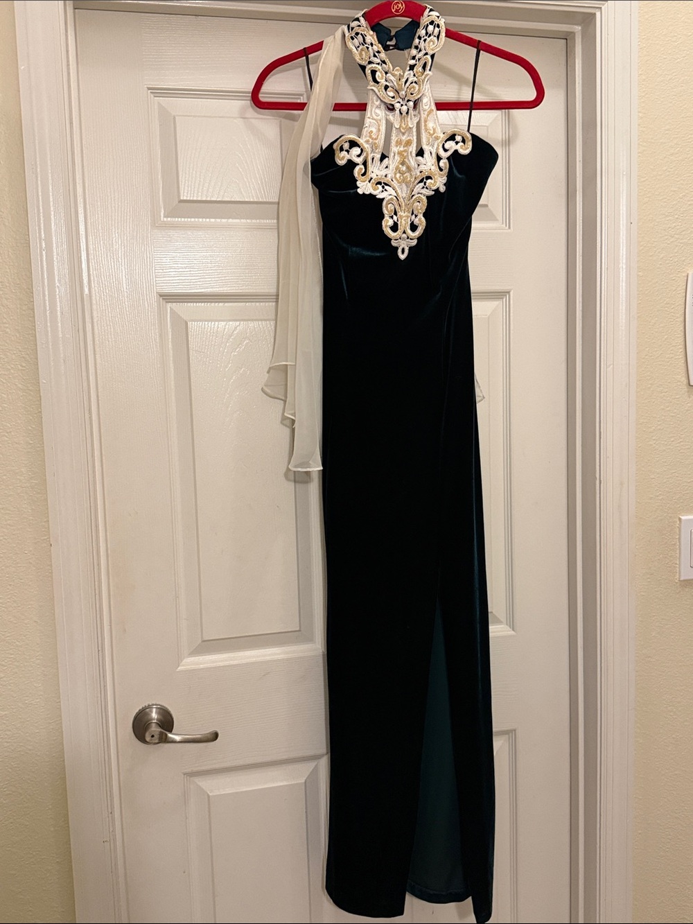 Vintage Green Velvet Maxi Dress with Ivory Embellished Halter Neck